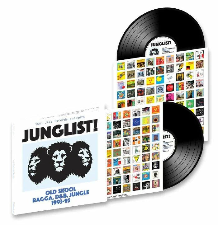 Junglist vinyl record set with illustrated lion cover and colorful album art inserts