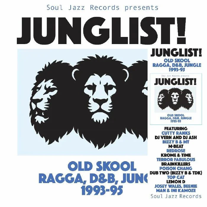 Junglist album cover with three lion heads, promoting Old Skool Ragga, D&B, Jungle 1993-95