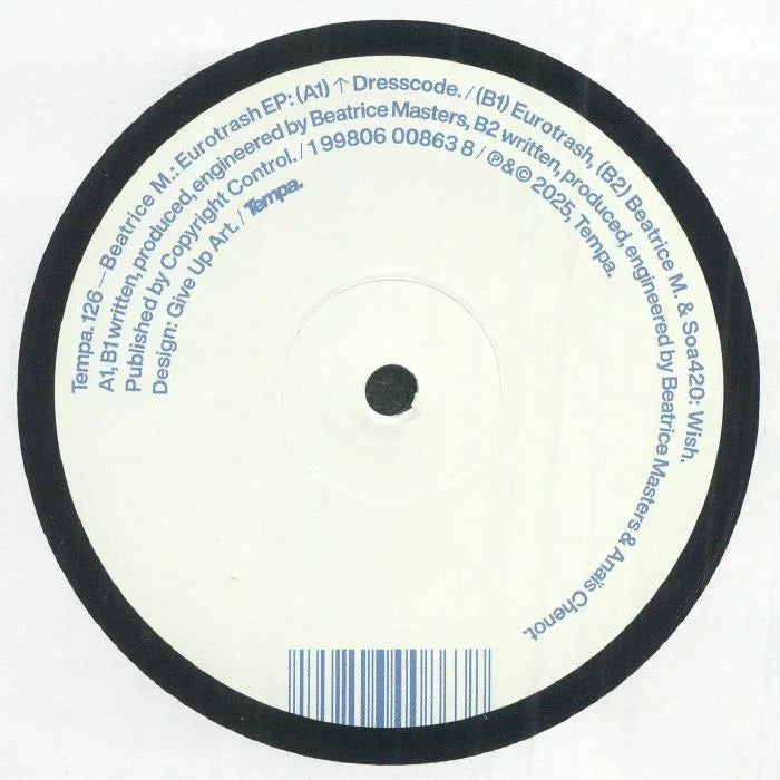 White vinyl record label with blue text for Beatrice M. Eurotrash EP, Tempa 126, barcode at bottom.