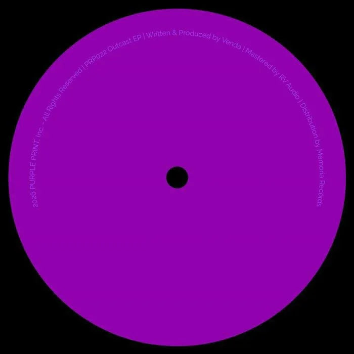 Purple vinyl record label with minimal text on black background