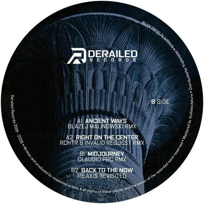 Derailed Records vinyl B side label with ancient architectural column and tracklist.