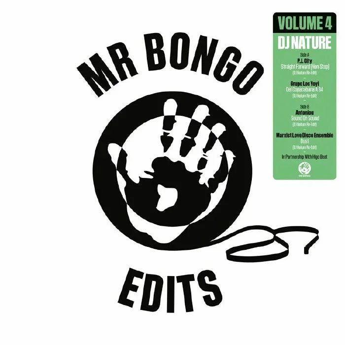 Mr Bongo Edits Volume 4 vinyl cover featuring a black handprint logo and green tracklist.