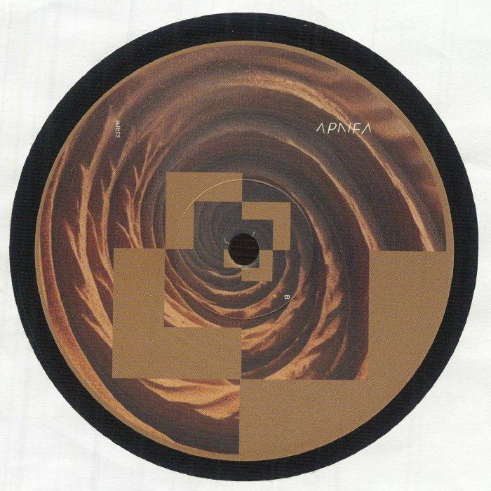 Vinyl record with abstract geometric and spiral brown pattern, Apnea text on label