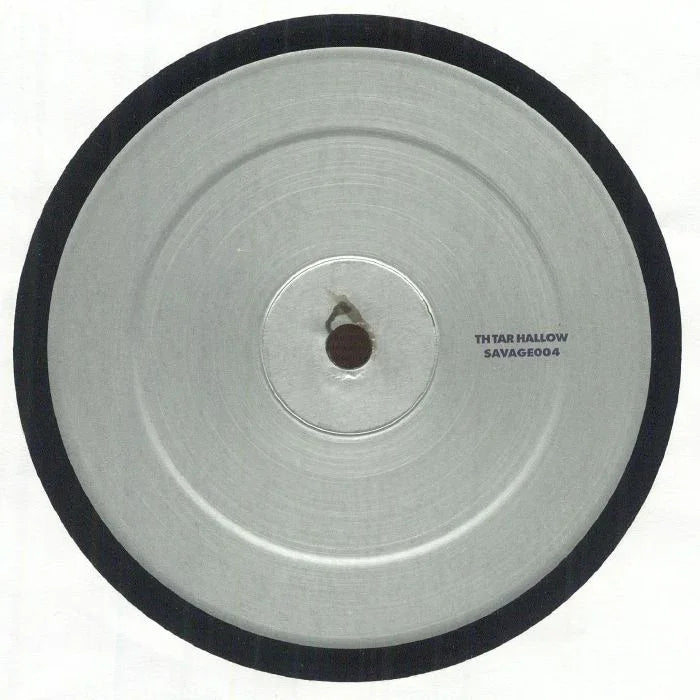 Silver vinyl record with minimal text, TH TAR HALLOW SAVAGE004, on plain white background