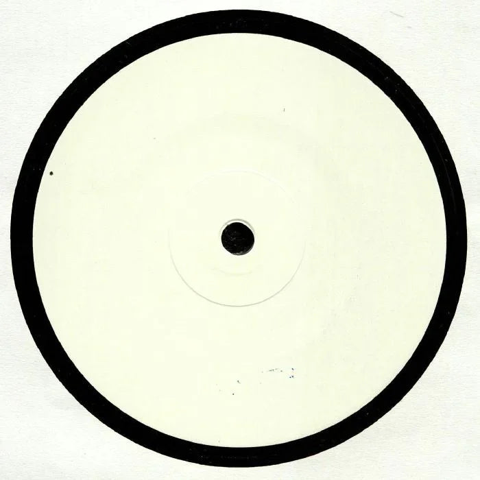 Blank white label vinyl record with black outer ring on white background