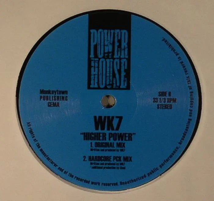 WK7 Higher Power vinyl record label, blue Power House design, electronic music