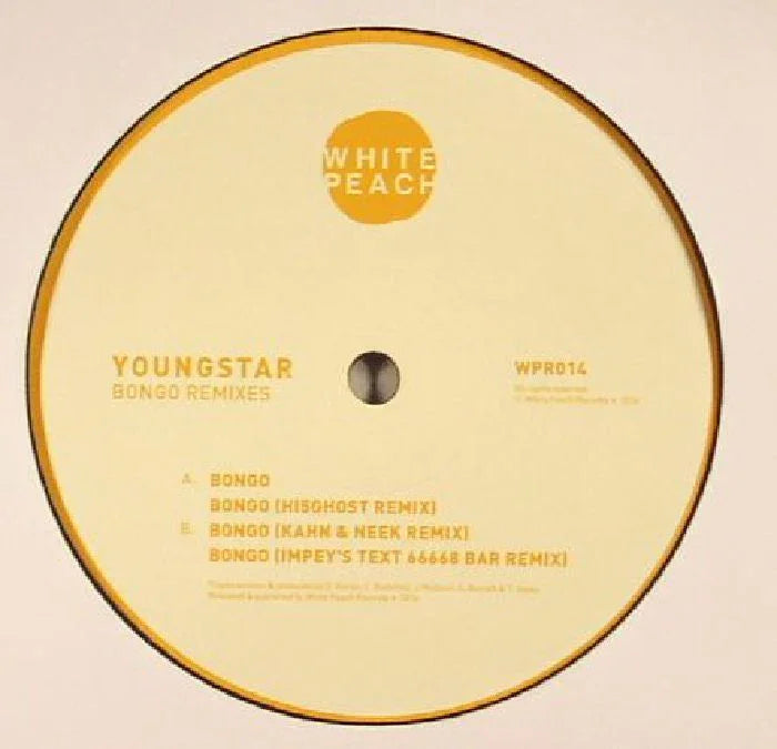 Youngstar Bongo Remixes vinyl record on White Peach label with yellow text and tracklist.