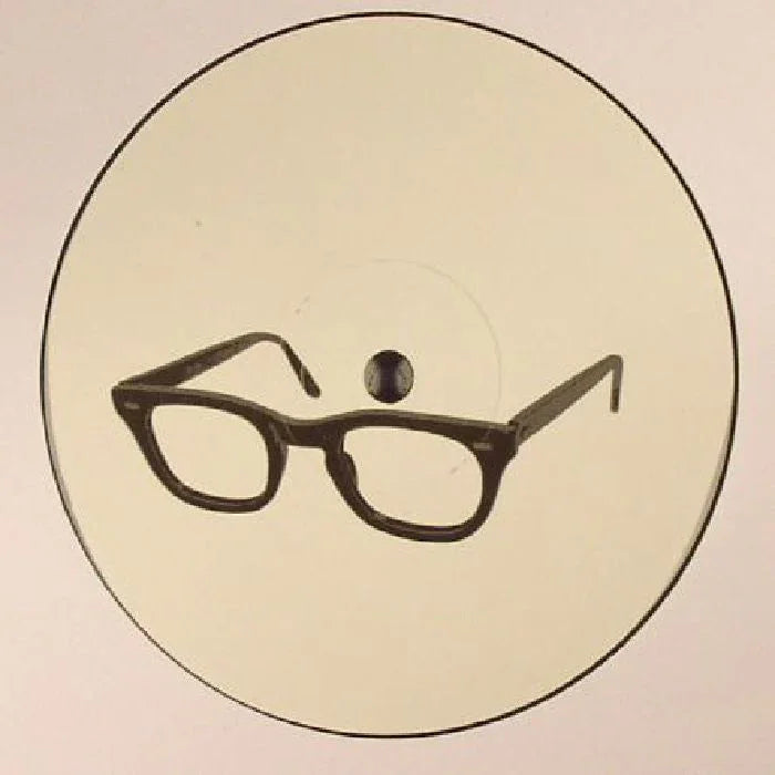 Vinyl record with black eyeglasses graphic on plain white label