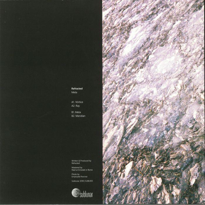 Refracted Meta vinyl record cover with abstract rocky texture and tracklist on left side