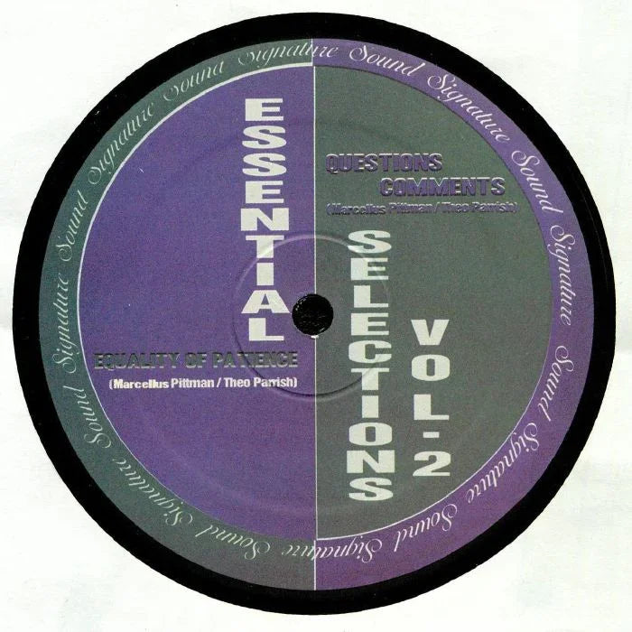 Vinyl record label for Essential Selections Vol. 2 split purple and grey design