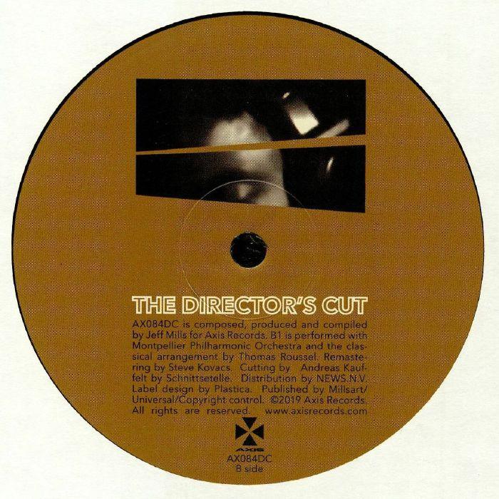 Vinyl record label for The Director's Cut by Jeff Mills, featuring gold background and bold text.