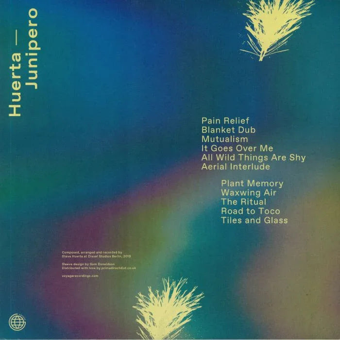 Huerta Junipero album cover with tracklist on blue gradient background and abstract plant design