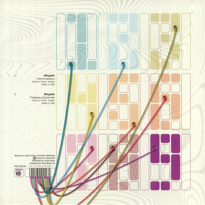 Abstract modular synth patch cable design with colorful geometric blocks and tracklist.