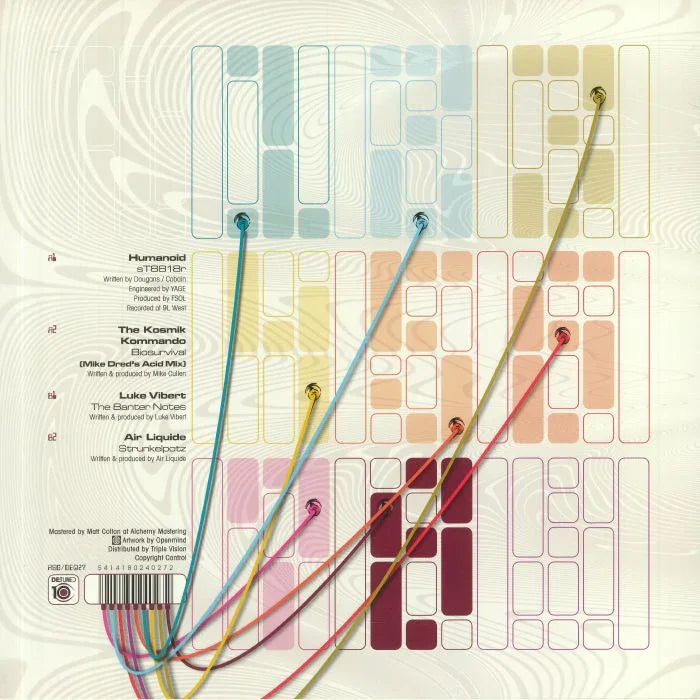 Electronic music vinyl back cover with multicolored patch cables and tracklist design
