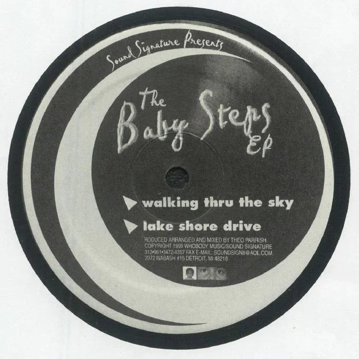 The Baby Steps EP vinyl record label, featuring tracks 'walking thru the sky' and 'lake shore drive'.