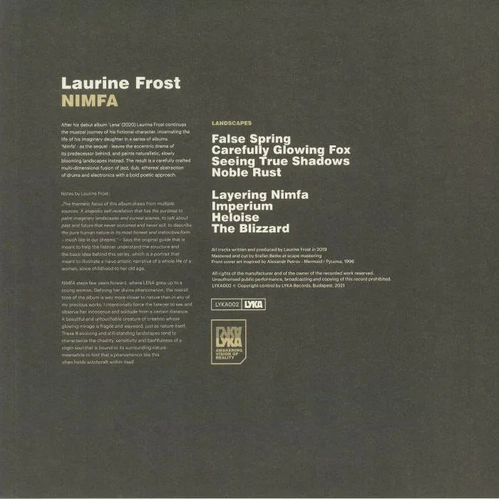 Laurine Frost Nimfa album cover with tracklist and descriptions on a dark background