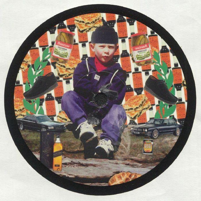 Vinyl record label collage with boy in streetwear, cars, food, shoes, and jars background