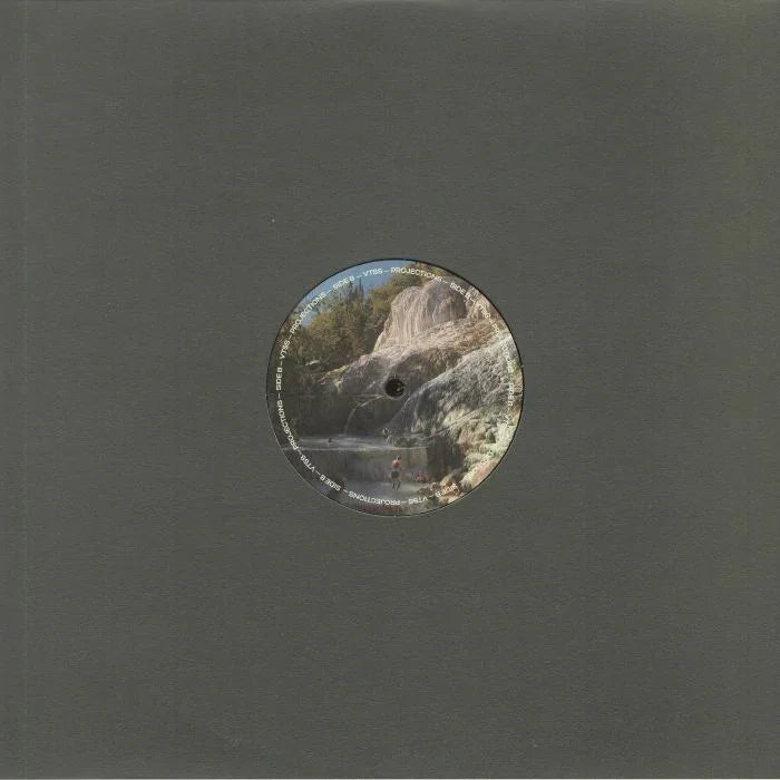 Vinyl record in black sleeve with a label featuring a scenic rocky landscape and trees.