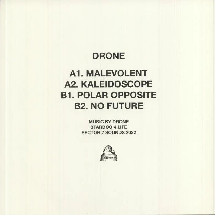 Drone vinyl record cover displaying tracklist: Malevolent, Kaleidoscope, Polar Opposite, No Future.