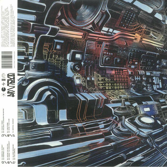 Futuristic electronic music album cover with abstract circuit board and machinery design