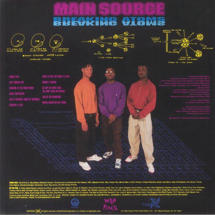 Three men posing on a colorful, scientific-themed album cover with tracklist and diagrams.