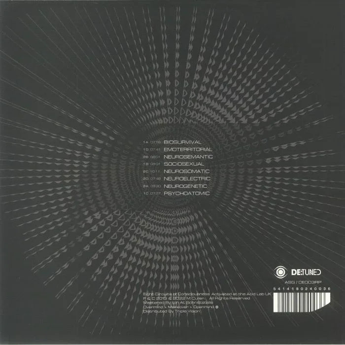 Abstract black vinyl record cover with geometric spiral pattern and tracklist in the center