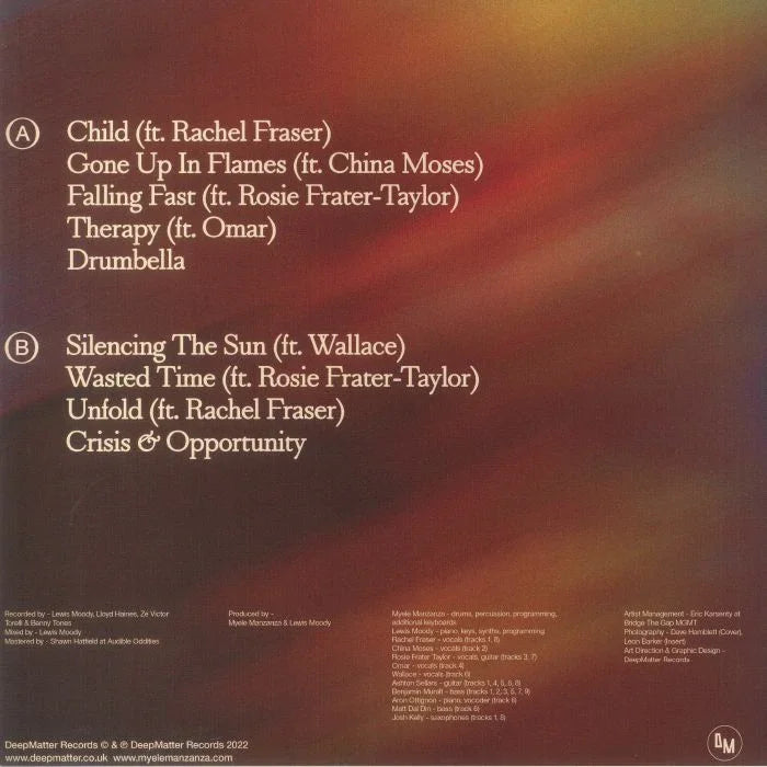 Vinyl record back cover tracklist with artist features on gradient brown background