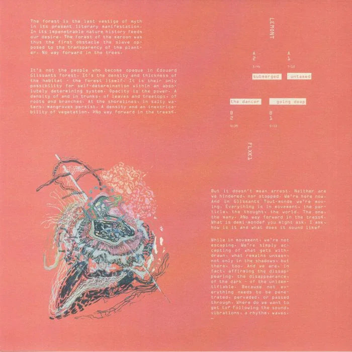 Abstract album art with layered text, dynamic illustration, and track listing on a pastel background.