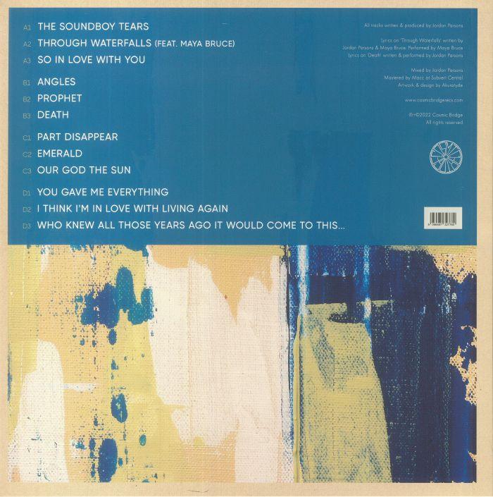 Back cover of a vinyl record with blue tracklist and abstract painted design
