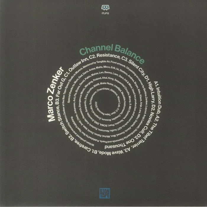 Marco Zenker Channel Balance album cover with spiral white text on dark background