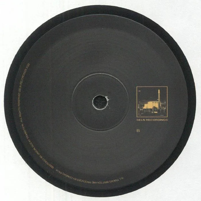 Black vinyl record with SELN Recordings label and industrial building graphic