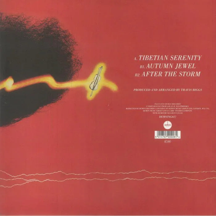 Back cover of a vinyl record with abstract art, tracklist, and a glowing violin on a red background.