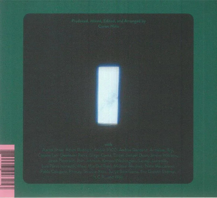 Minimalist album cover with glowing vertical white rectangle on dark green background