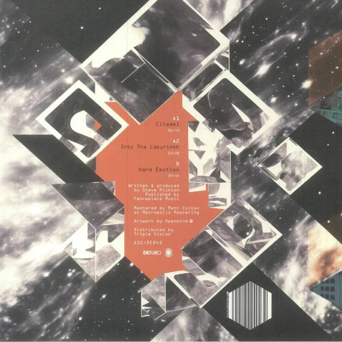 Abstract vinyl record cover with geometric patterns, track listing, and cosmic background.