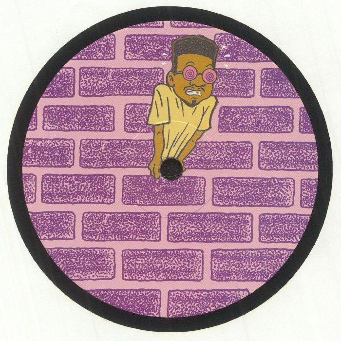 Vinyl record with cartoon man and pink brick wall design, quirky illustration label art