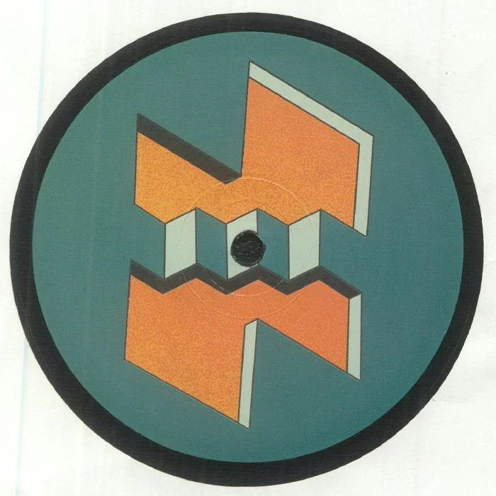 Vinyl record with abstract geometric orange and teal label design on blue background.