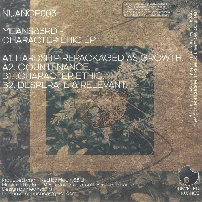 Means&3rd Character Ethic EP vinyl cover with abstract art, tracklist, and floral background.
