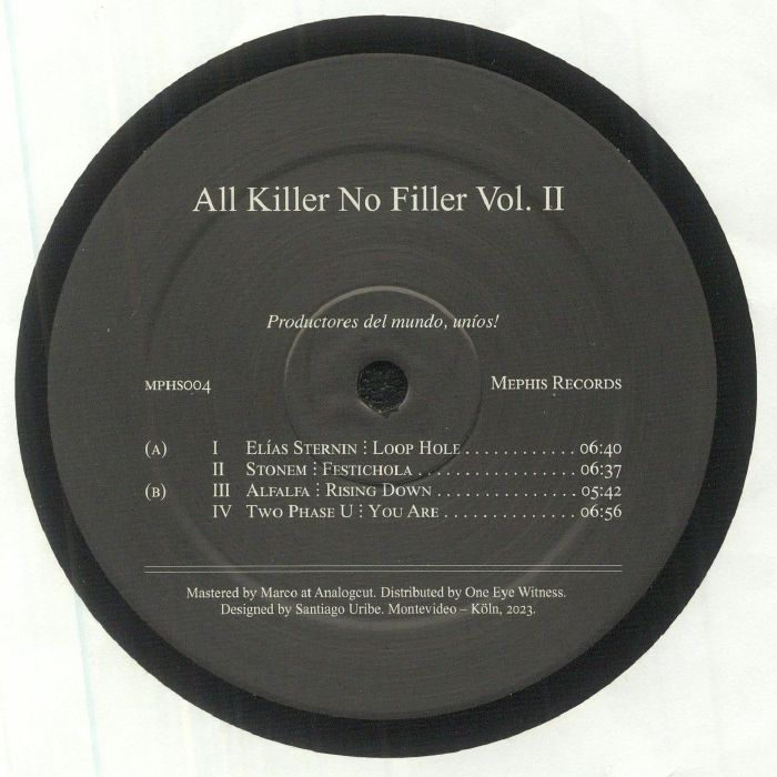 Vinyl record label of All Killer No Filler Vol. II featuring electronic music tracks by various artists