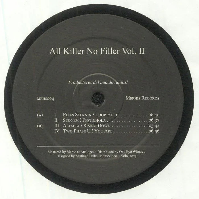 All Killer No Filler Vol. II vinyl record label with tracklist and artist names visible.