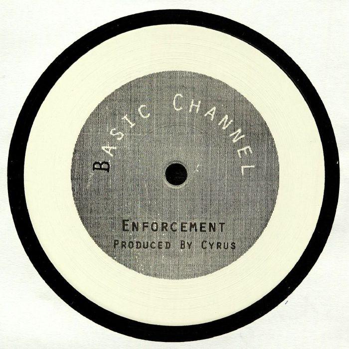 Basic Channel vinyl record label for Enforcement produced by Cyrus, black and white design
