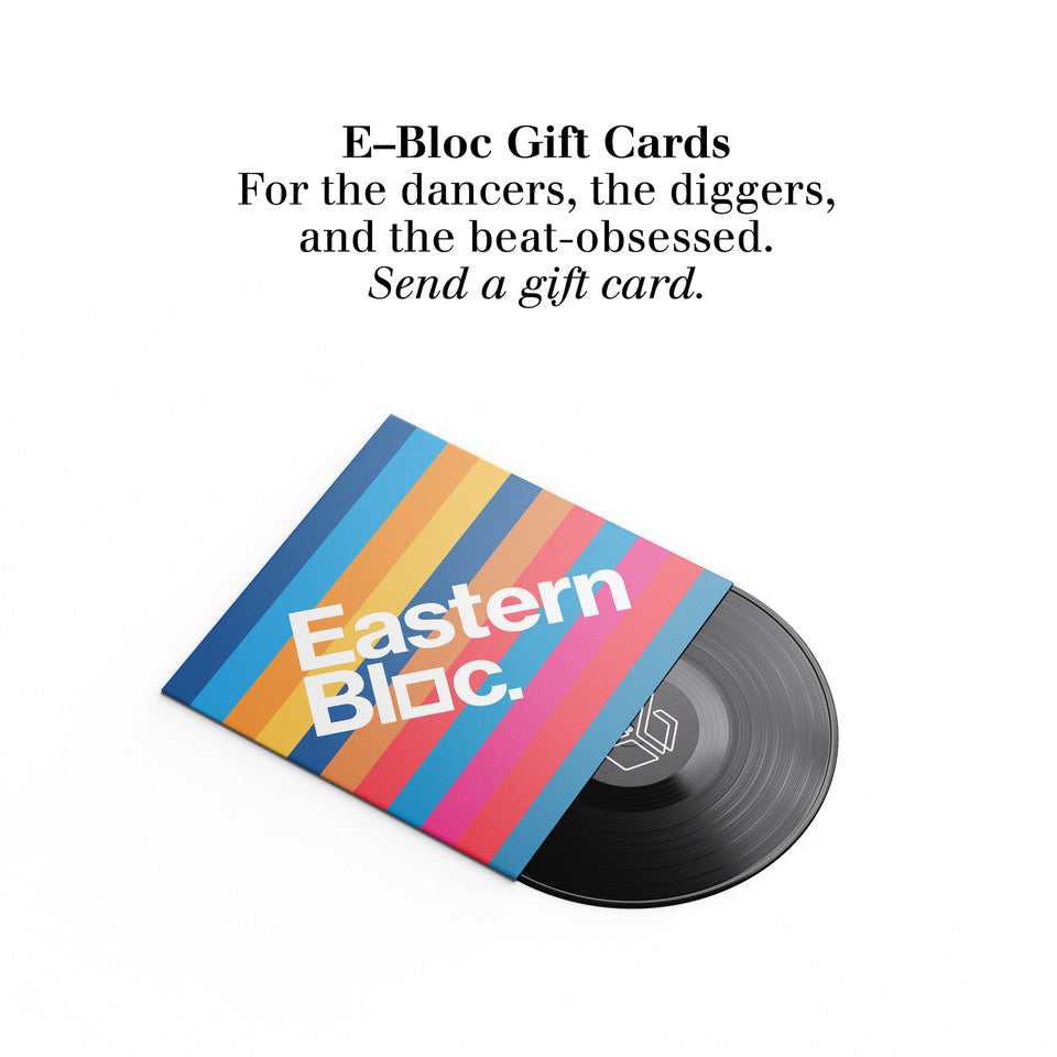 Eastern Bloc E-Bloc Gift Card with colorful stripes and vinyl record, promoting gift cards for music lovers