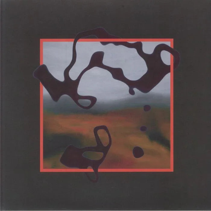 Abstract album cover with dark shapes over a blurred landscape inside a red border