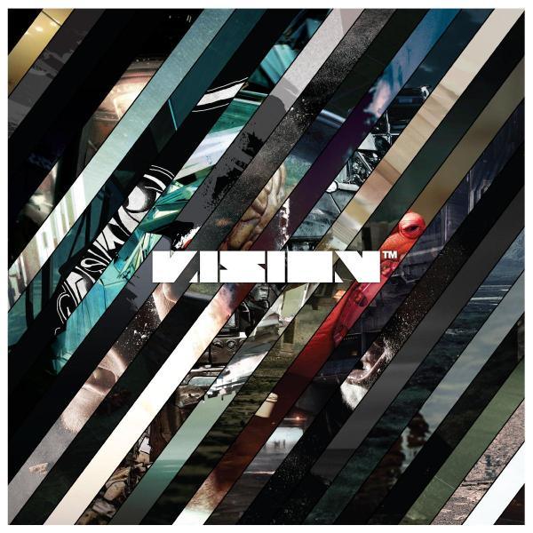 Abstract album cover with diagonal stripes, collage effect and bold 'VISION' text overlay.