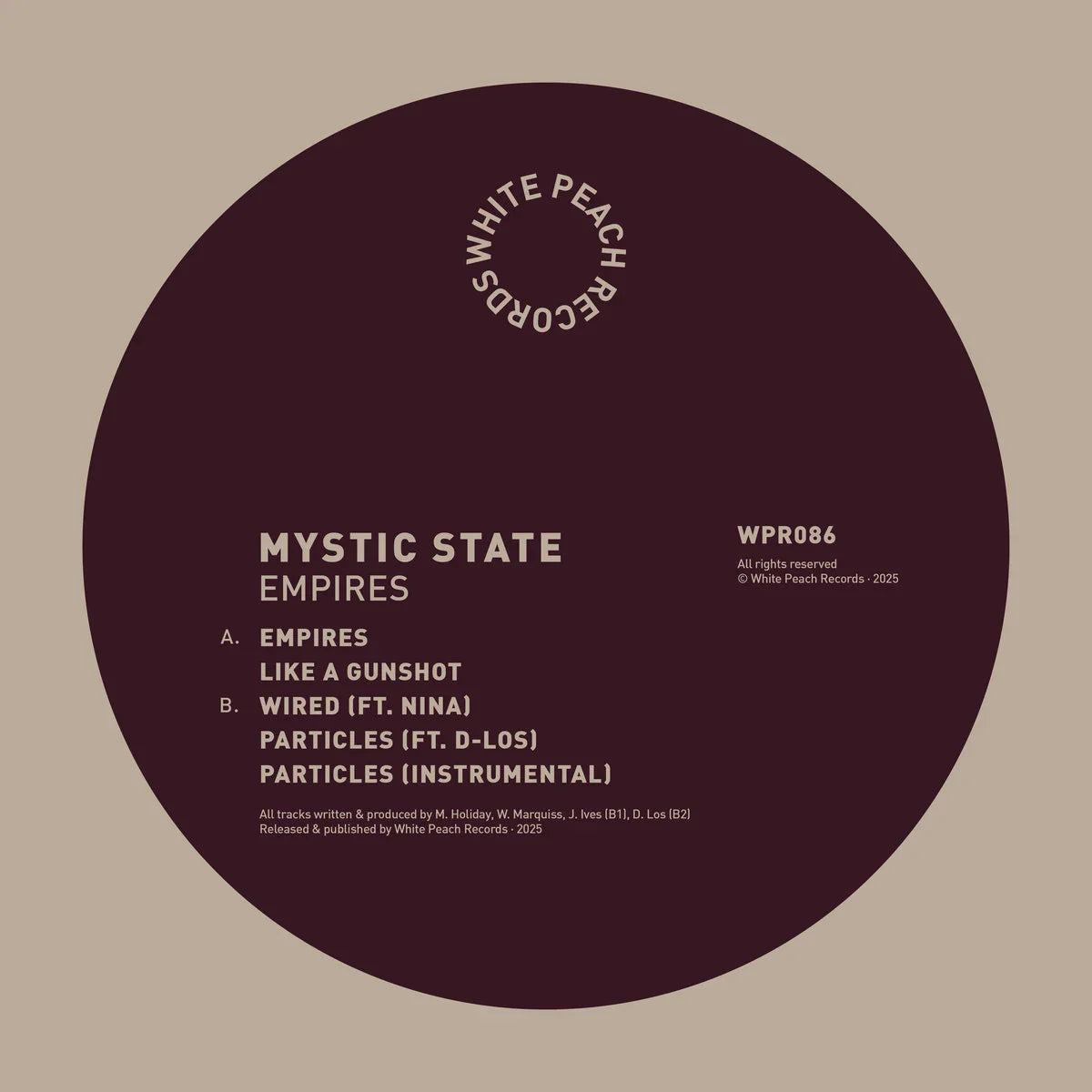 Mystic State Empires vinyl label with tracklist and White Peach Records logo on beige background