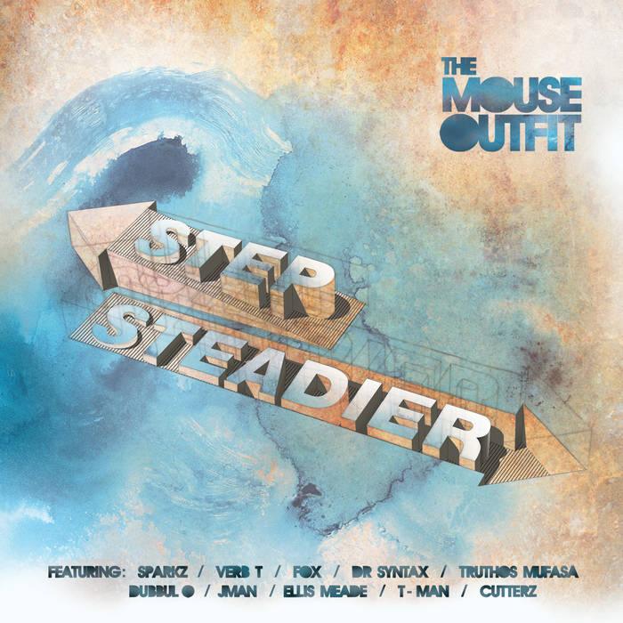 Step Steadier album cover with 3D text, blue abstract wave, and artist names listed