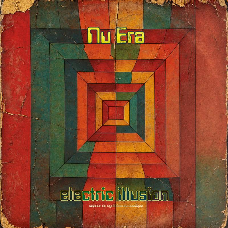 Nu Era Electric Illusion album cover with retro geometric colorful squares and distressed edges