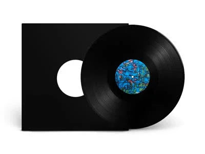 Black vinyl record partially out of sleeve, blue abstract label design, white background