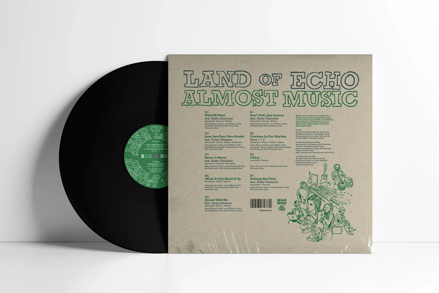 Vinyl record partially out of sleeve with 'Land of Echo Almost Music' album cover and green text.