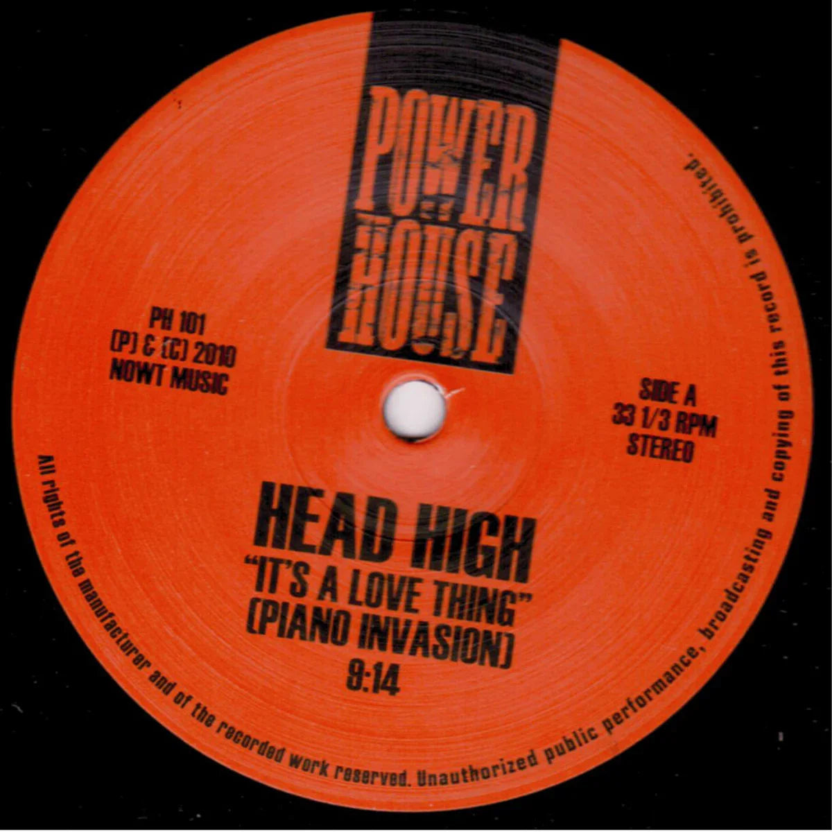 Head High 'It's A Love Thing' vinyl record label, orange Power House design, electronic music