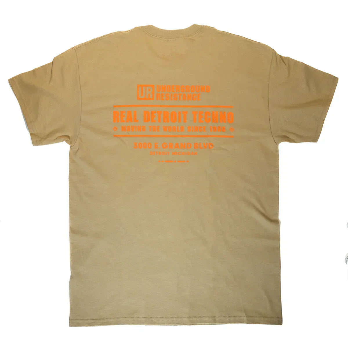 Tan t-shirt with orange Underground Resistance and Real Detroit Techno graphic on the back